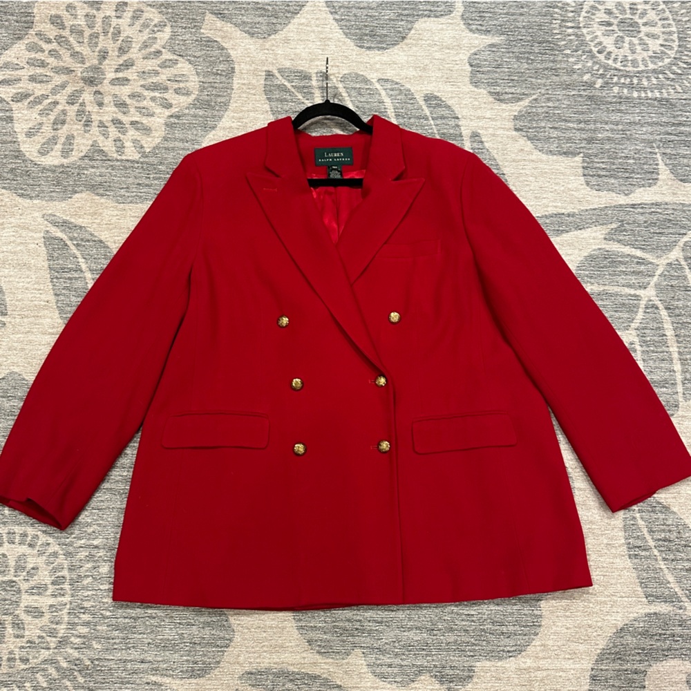 Lauren Ralph Lauren Women Worsted Wool Red Double Breasted Jacket Blazer Sz 18W